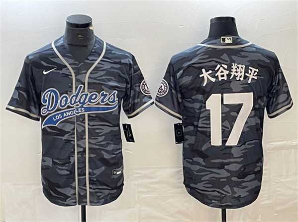 Men's Los Angeles Dodgers #17 Shohei Ohtani Gray Camo Cool Base With Patch Stitched Baseball Jersey